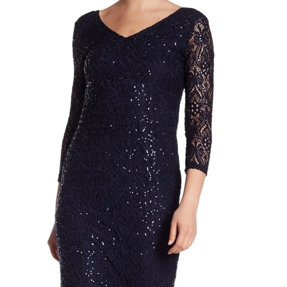 Women’s Formal Dress Size 8 MARINA Navy Sequined Lace Long Sleeves Evening Gown - Picture 6 of 9